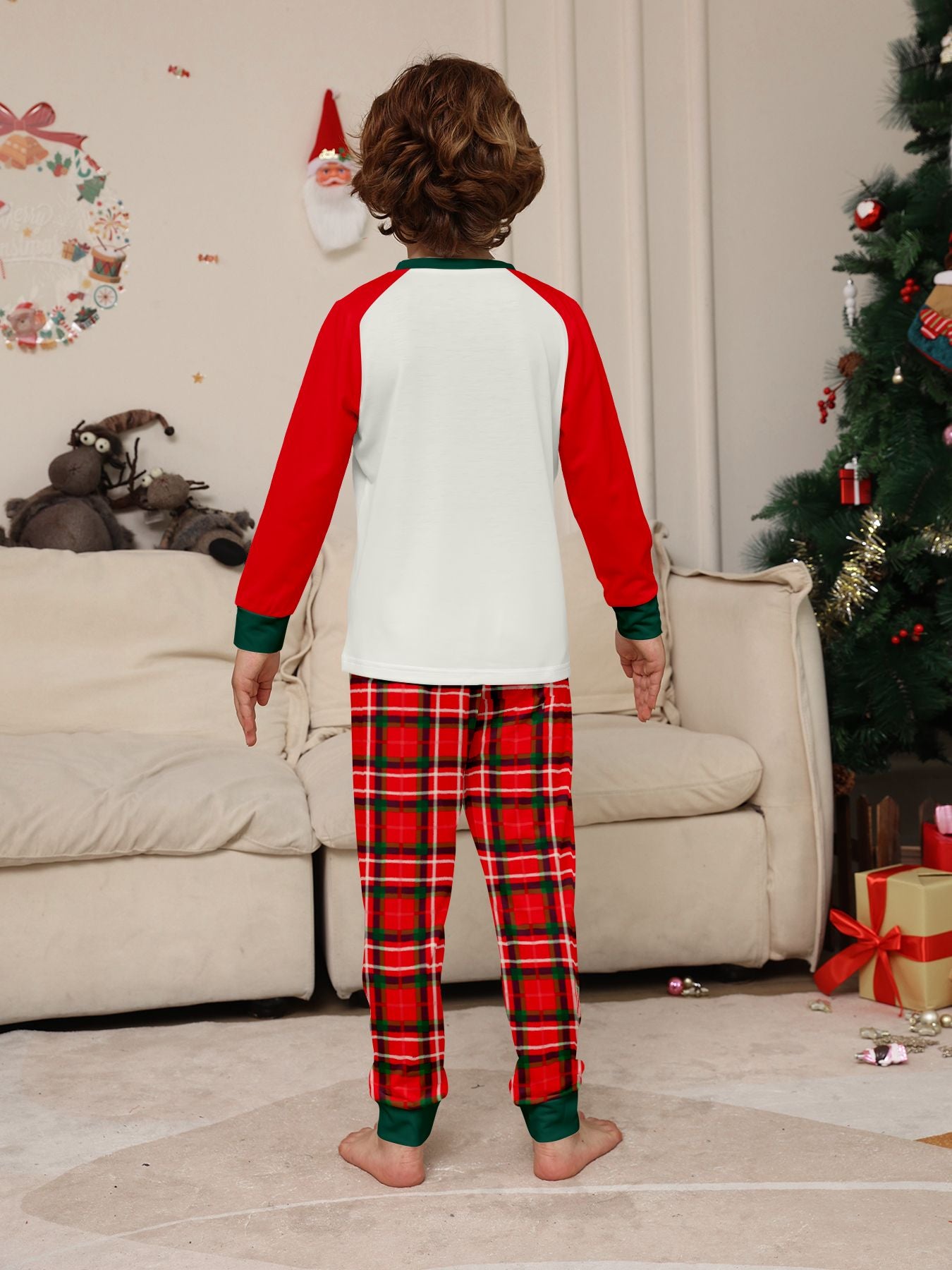 Christmas Kids Pajamas Set  "Merry Christmas Happy New Year" Print Raglan Sleeve Red White Green & Red Plaid Pants Sleepwear