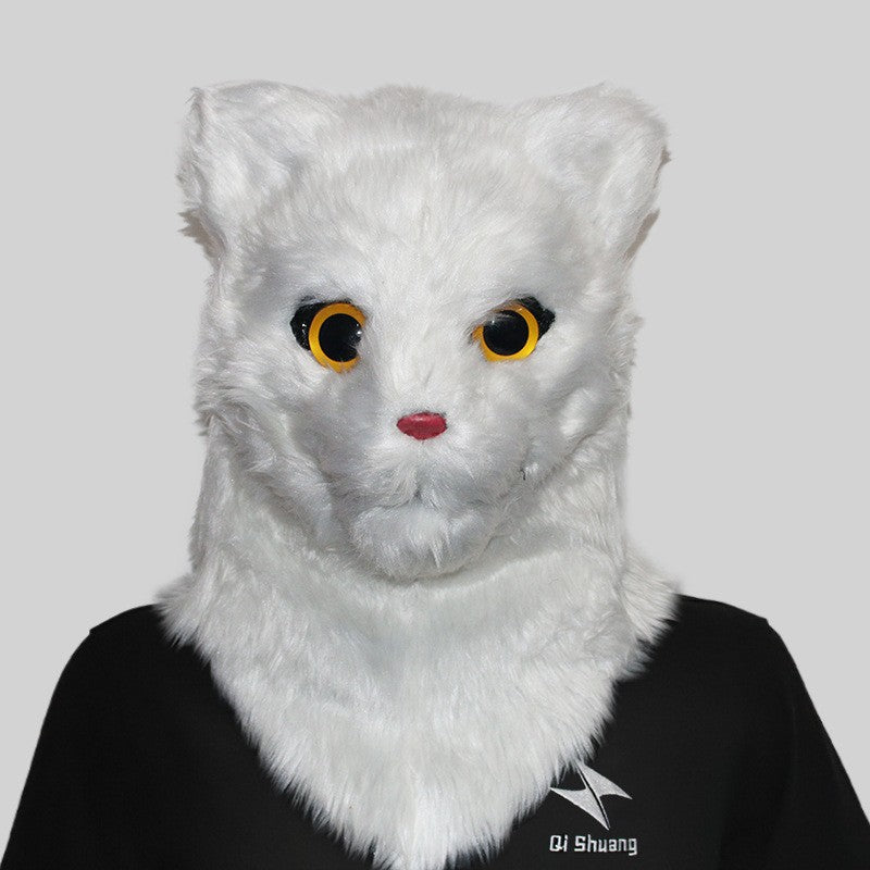 Movable Mouth Cat Head Mask Animal Latex Cute Helmet  Artificial Fur for Halloween Costumes Party Props Adult Size