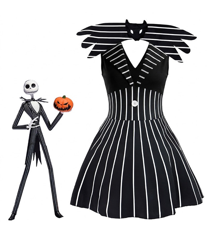 Anime Jack Skelington Black White Striped Cosplay Costume Men Retro Tailcoat Woman Dress Christmas Night Halloween Party Outfit