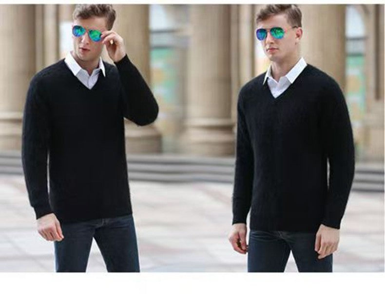 Autumn And Winter New Warm Pure Mink Cashmere Sweater Men's V-neck Pullover Thickened Plus Size Knitted Bottoming Shirt