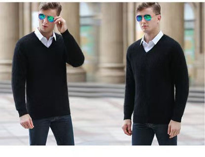 Autumn And Winter New Warm Pure Mink Cashmere Sweater Men's V-neck Pullover Thickened Plus Size Knitted Bottoming Shirt