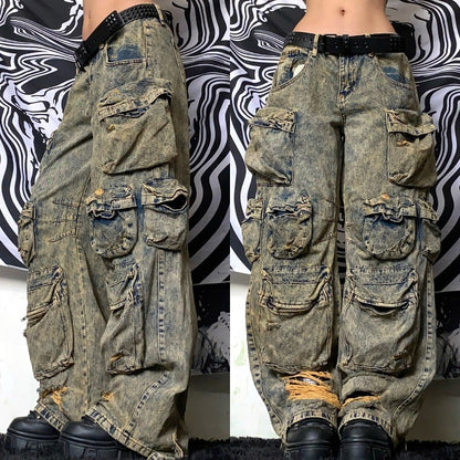 Gothic New Fashion Heavy Industry Washing Equipment Multi-pocket Jean Women Y2K Rock Popular Hiphop High Waist Wide-leg Trousers