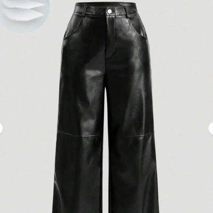 Womens casual elegant vacation solid color directional PU high-end synthetic leather European and American pants