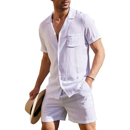 Summer Cotton Linen Shirt Set Men's Casual Outdoor 2-Piece Suit Andhome Clothes Pajamas Comfy Breathable Beach Short Sleeve Sets