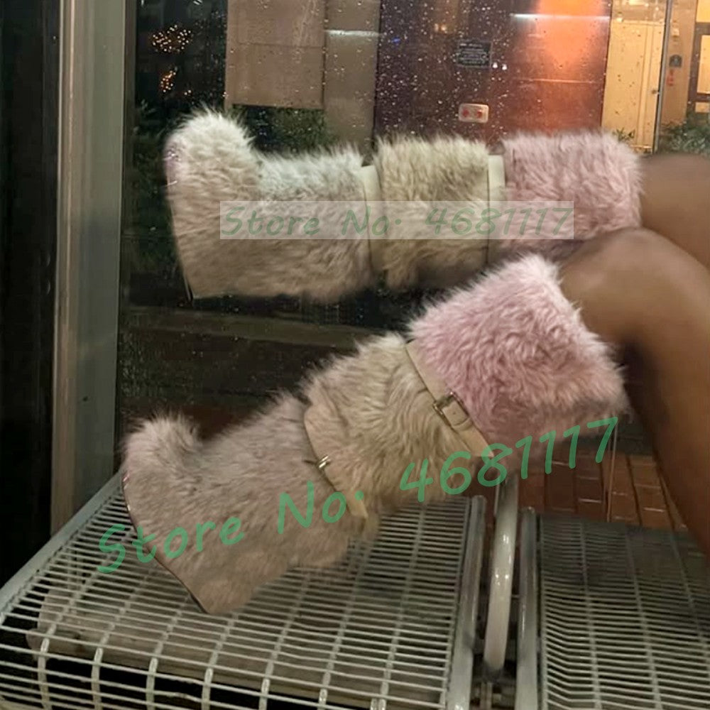 Colorblock Fur Platform Wedge Boots Women Sweet Belt Buckle Below The Knee Snow Boots Cool Girls Winter Punk Round Toe Shoes