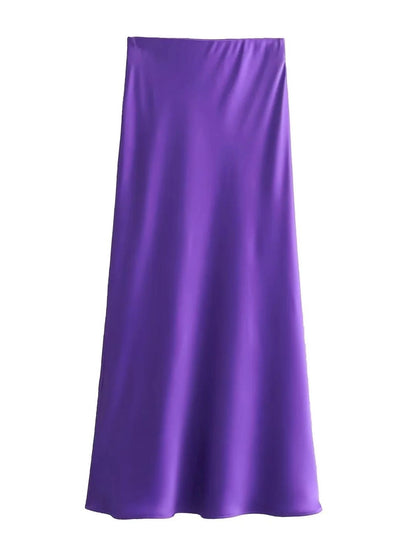 XNWMNZ Women's Fashion 2023 Flowing Satin Midi Skirt Women Vintage Elastic High