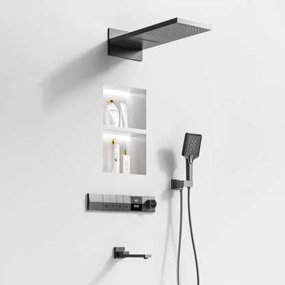Sistema de chuveiro de parede com temperatura constante em latão cinza chumbo, montado na parede, com display digital LED, torneira de banheiro com água quente e fria