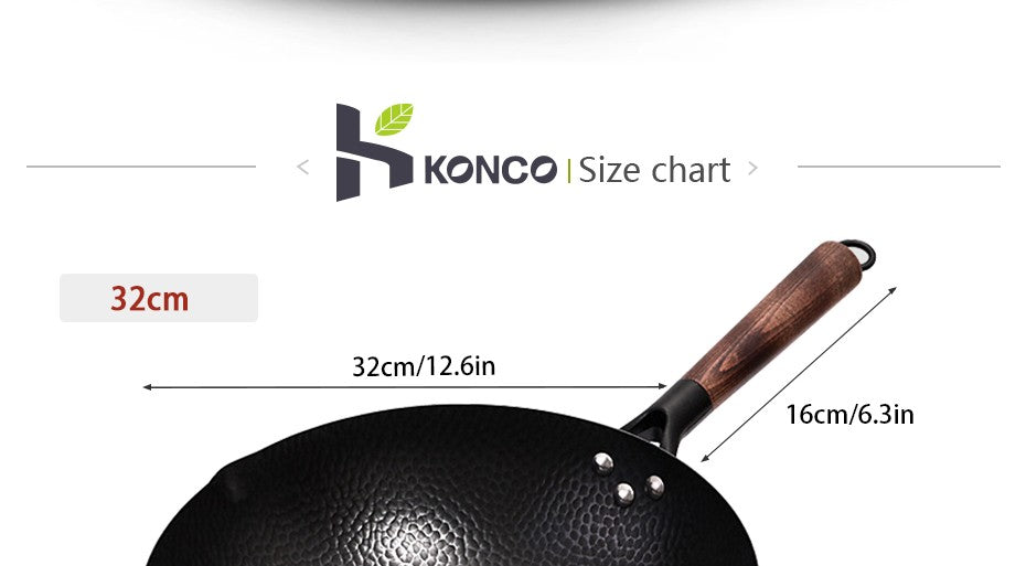 Panela Wok de Ferro Puro Konco, Panela de Ferro Fundido Antiaderente, Uso Geral para Fogão a Gás e Indução 32cm