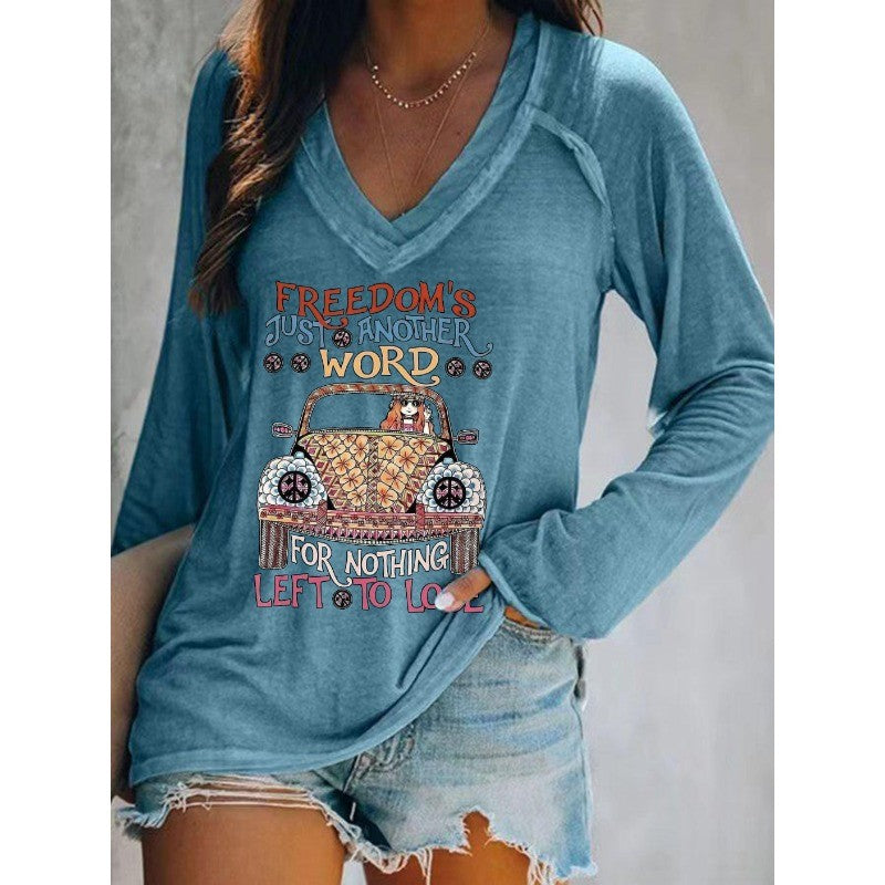 Ilstile Women's Hippie Car Letter Print T-Shirts Spring Summer Long Sleeve Casual Loose V Neck Tops WhiteTees New Arrival