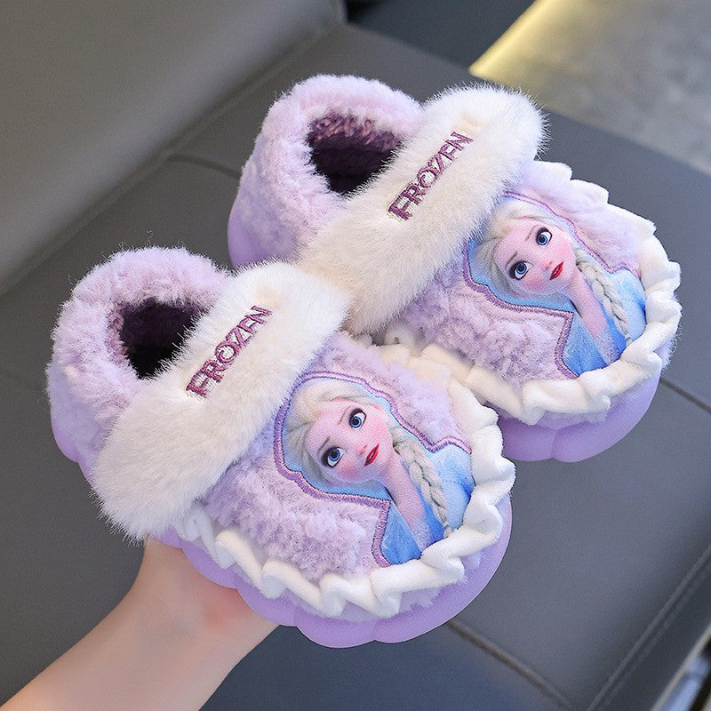 Chinelo de Algodão Infantil Inverno Princesa Disney Elsa Frozen Menina Antiderrapante Quente Para Bebê Rosa Azul Tamanho 26-35