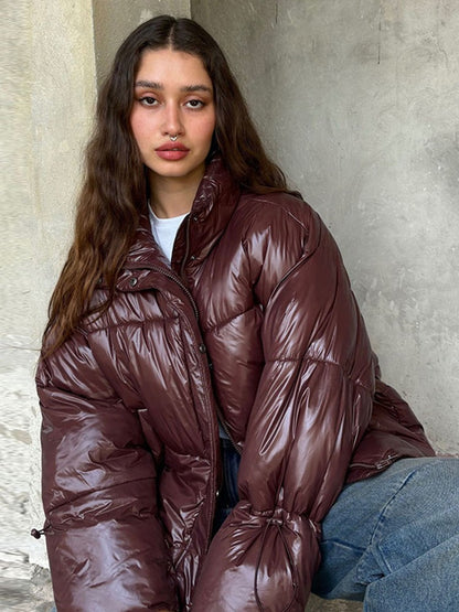 Thicken Cotton Jackets Women High Neck Long Sleeves Zipper Drawstring Coats Female 2025 Winter Fashion Chic Solid Warm Outwears