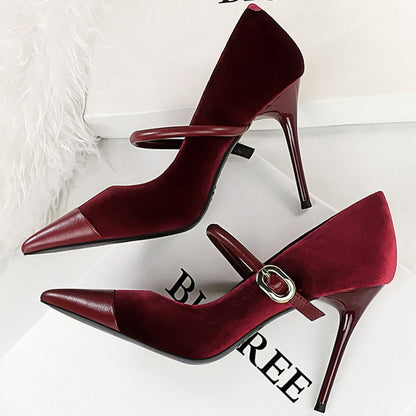 Korean Version Party 10cm 7cm High Heels Women Shoes Thin Heels Velvet Shallow Montage Pointed Toe Metal One-line Buckle Pumps