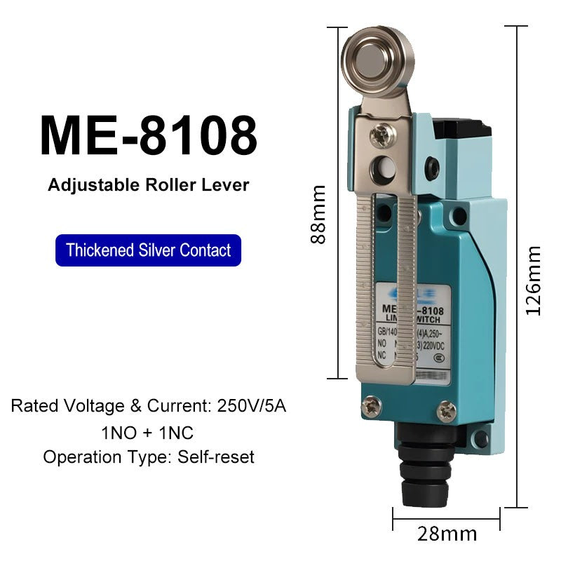 ME-8108 ME-8104 ME-8107 ME-8111 ME-8112 ME-8166-8169 Limit Switch Rotary Adjustable Roller Lever Arm Travel Switch AC250V NO NC