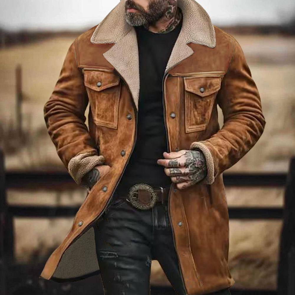 Autumn Winter Men Jacket Lapel Single-Breasted Mid-Length Coat Windproof Jacket Suede Multi Pockets Outerwear Men Clothing