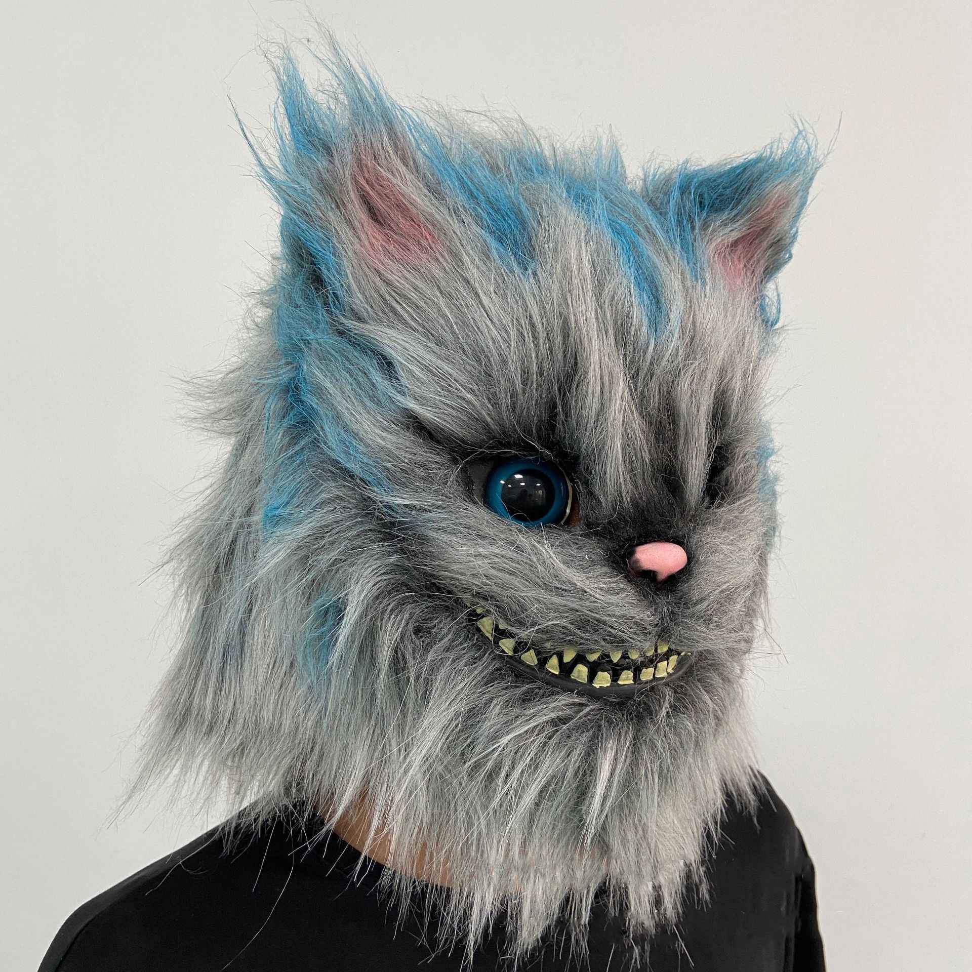 Latex with Fur Black Cat Cosplay Mask Scary Helmet Animal Funny Costume Hood Hair Mask Headwear Adult Halloween Party Props