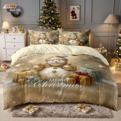 3pcs Golden Christmas Snowman Printed Chipless Bedding Set Soft Dormitory Bedroom Multiple Sizes Machine Washable