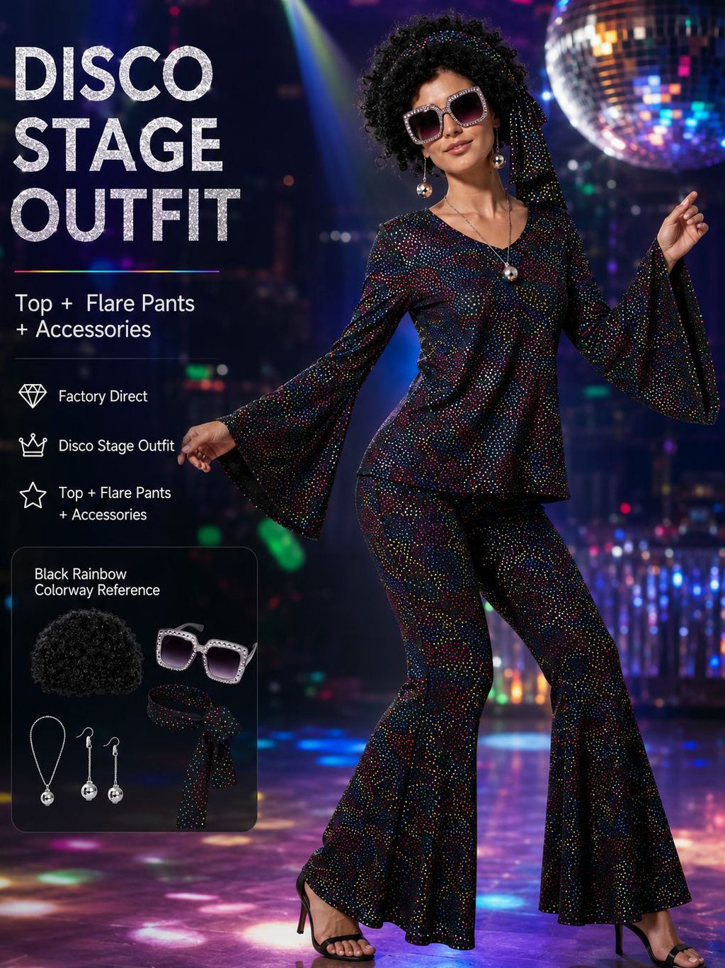 Ladies' Halloween disco party 70s disco costume set, including top, pants, sunglasses, necklace, earrings, and wig, role-playing