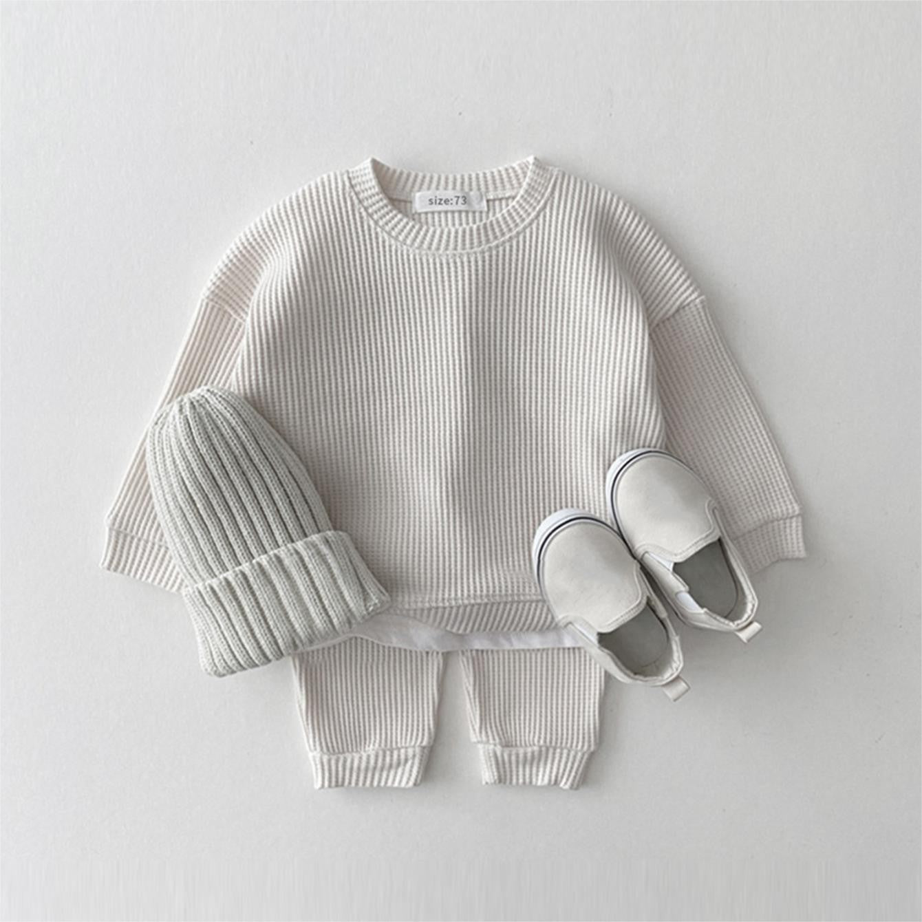 Baby Girls Clothes Autumn Cotton Kintting Clothing Sets Mock 2PCS Waffle Cotton Kids BoysSets Tracksuit Tops+Pants Korean