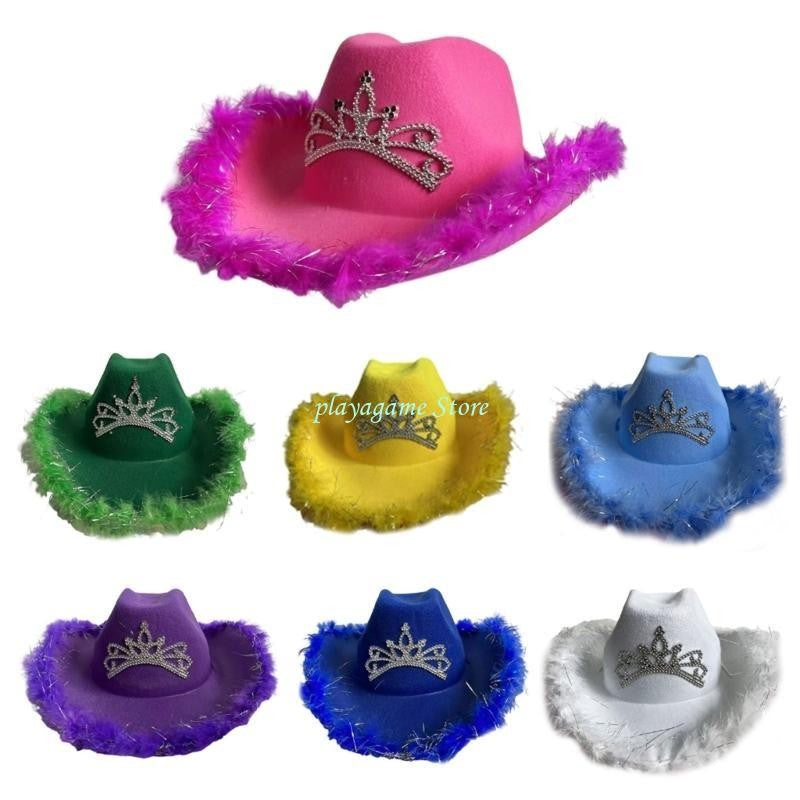 Y88A Furry Trims Western Hat Western Jazzs Party Hat Woman Cowgirls Hat Party
