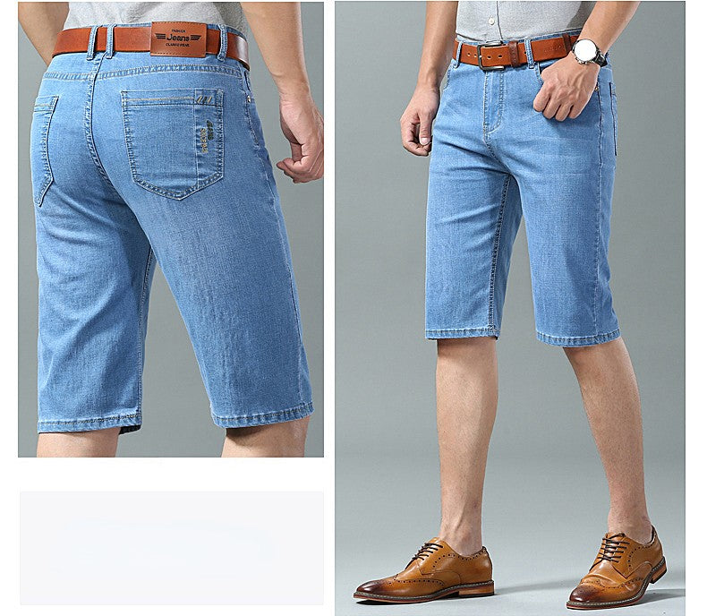 Summer Men Denim Shorts New Style Thin Embroidery Business Casual Straight  Short Jeans Male Brand Clothing Black Blue