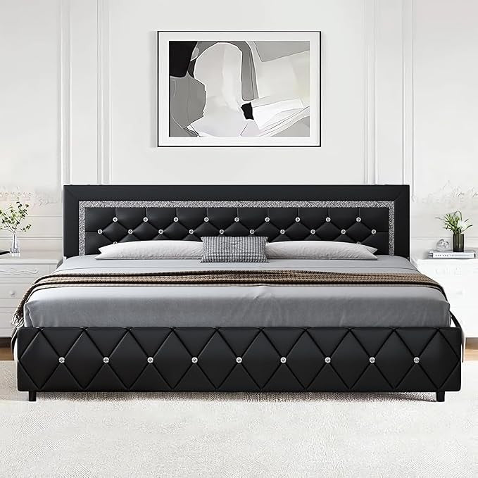 Cama King Size com Estrutura e Cabeceira Diamante, Plataforma Estofada em Couro Sintético, Base para Colchão, Não Requer Box Spring,
