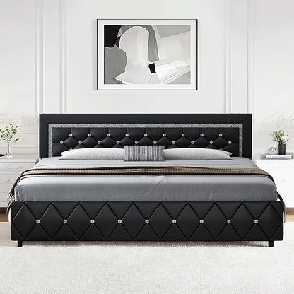 Cama King Size com Estrutura e Cabeceira Diamante, Plataforma Estofada em Couro Sintético, Base para Colchão, Não Requer Box Spring,