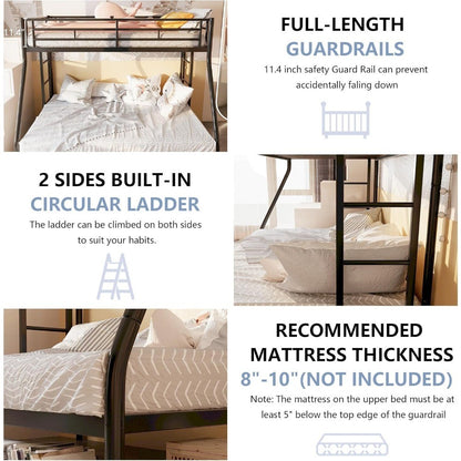 Beliche de Metal com Escadas Duplas Reforçadas, Beliche de Solteiro sobre Casal com Grades de Segurança Cercadas, Cama de Solteiro que Otimiza Espaço