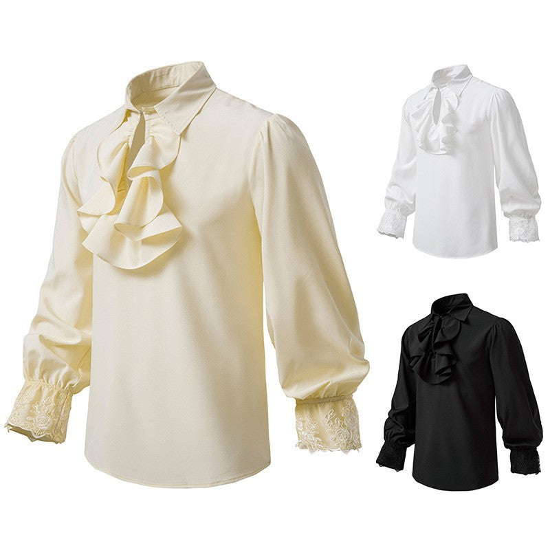 Men Steampunk Ruffle Shirt Long Sleeve Lace Cuff Medieval Victorian Halloween Costume Tops