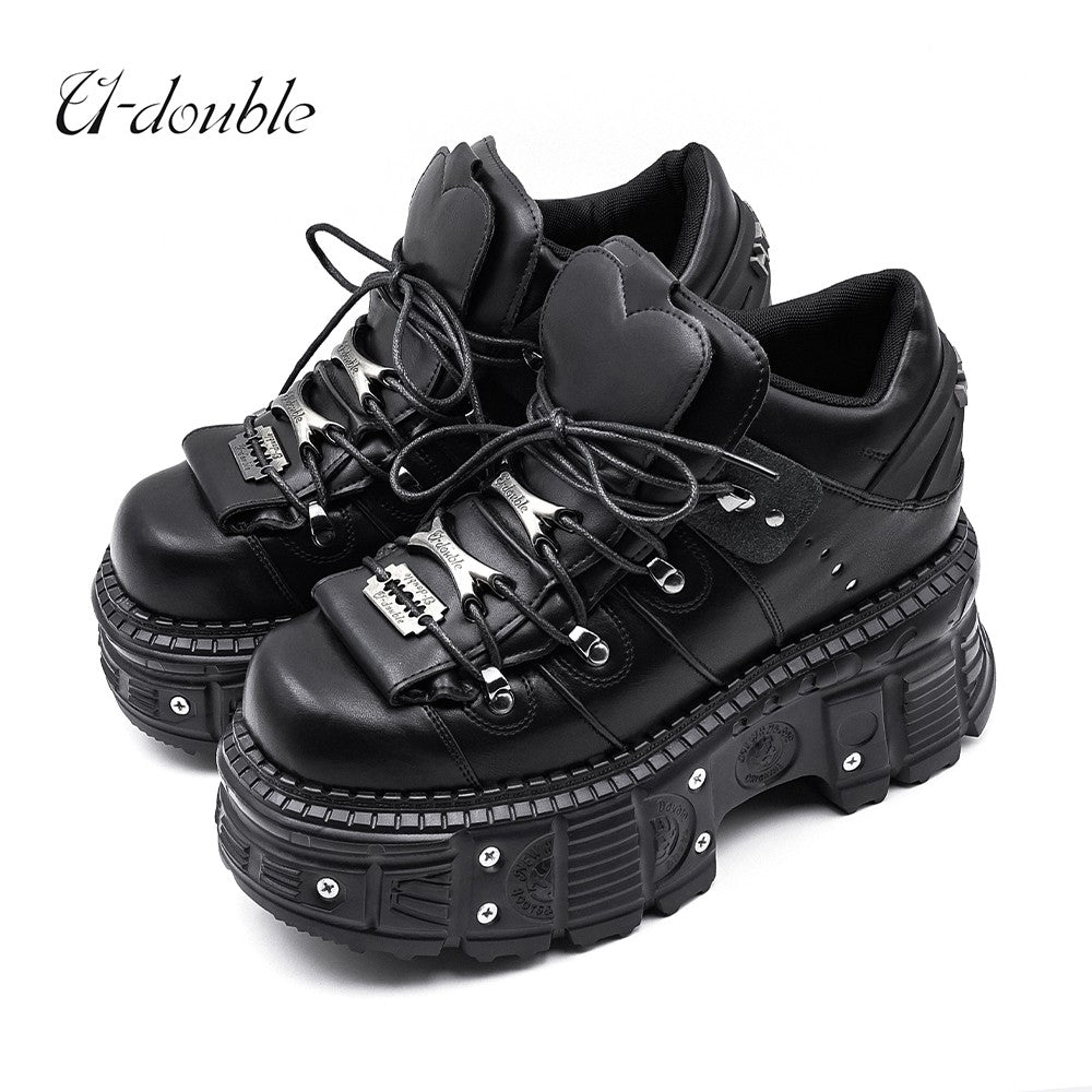 2025 New Punk Style Women Shoes Lace-up Heel Height 6CM Platform Shoes Woman Gothic Ankle Rock Boots Metal Decor Woman Sneakers