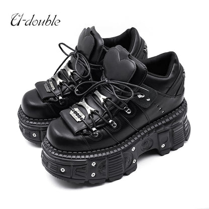 2025 New Punk Style Women Shoes Lace-up Heel Height 6CM Platform Shoes Woman Gothic Ankle Rock Boots Metal Decor Woman Sneakers