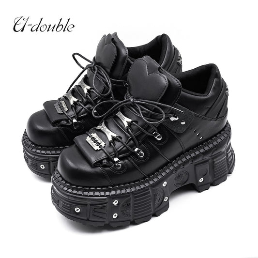 2025 New Punk Style Women Shoes Lace-up Heel Height 6CM Platform Shoes Woman Gothic Ankle Rock Boots Metal Decor Woman Sneakers