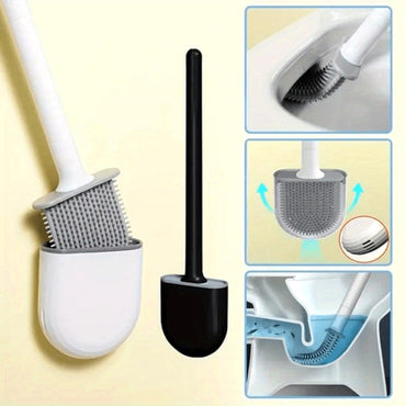 Wall-Mounted Silicone Toilet Brush Set-Easy-Install, Long-Handle,No Dead Corners,Efficient Cleaning,Portable Design with Holder