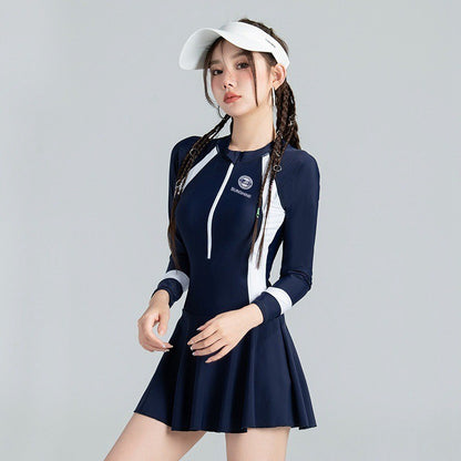 Black and White Color Matching One-piece Sports Small Chest Gathered To Cover The Belly Weight Swimming Sun Protection Swimsuit