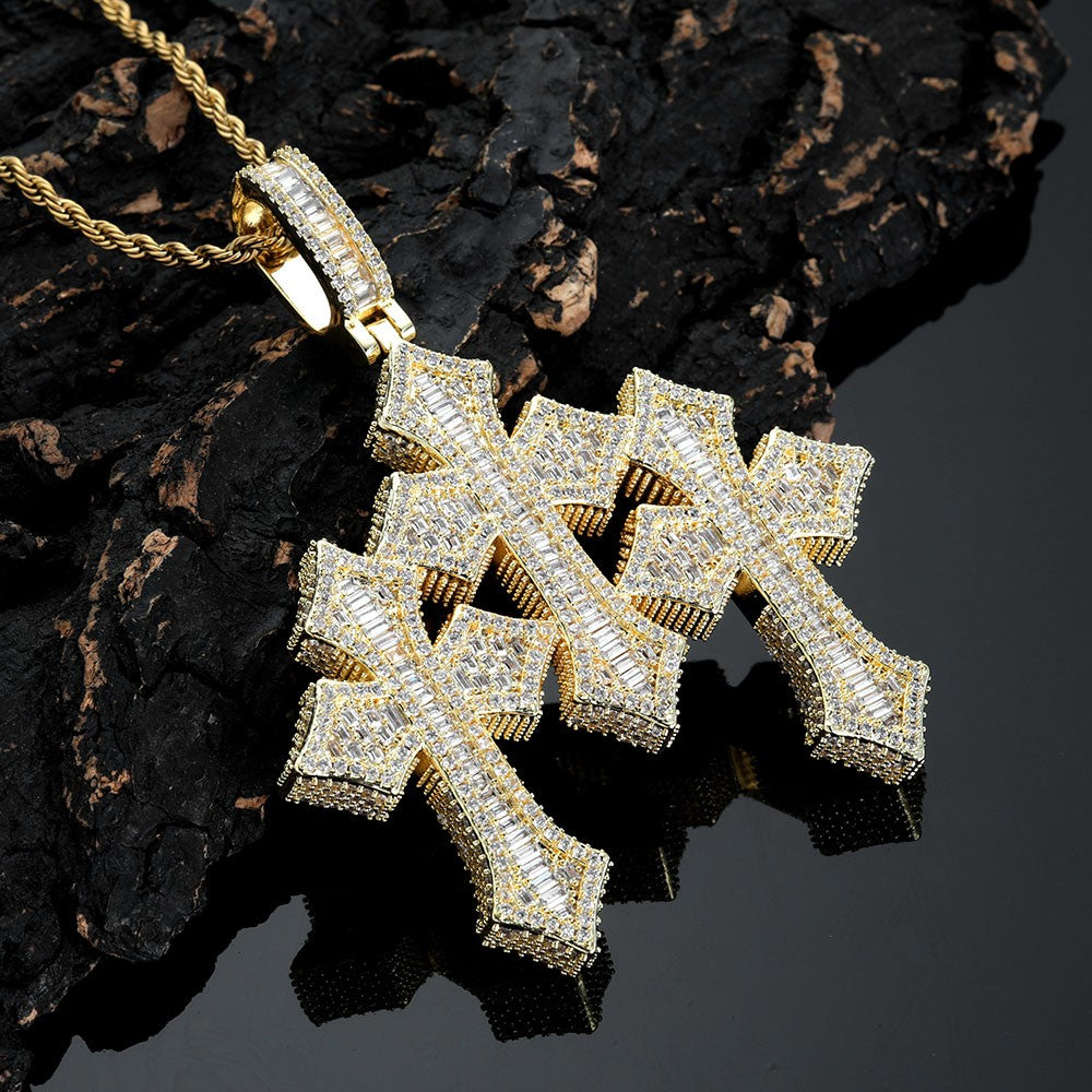 High Quality 3Inch Mens Hip Hop Cross Pendant New Release Iced out Triple Cross with Stone Charm Necklace Made Brass