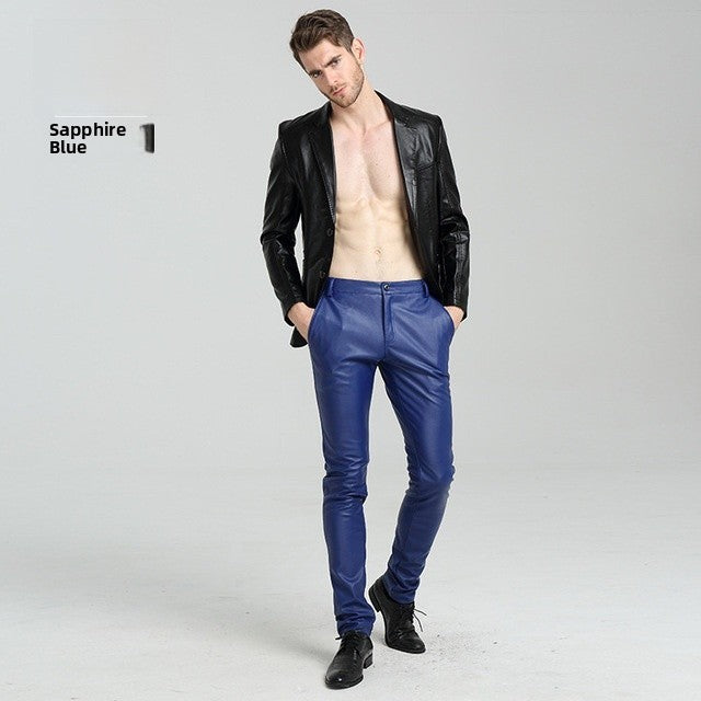 Men's Slim Fit Leather Pants Motorcycle Trendy Sle Long Trousers Thiened PU Fabric Summer Season Faionable Biker Pants