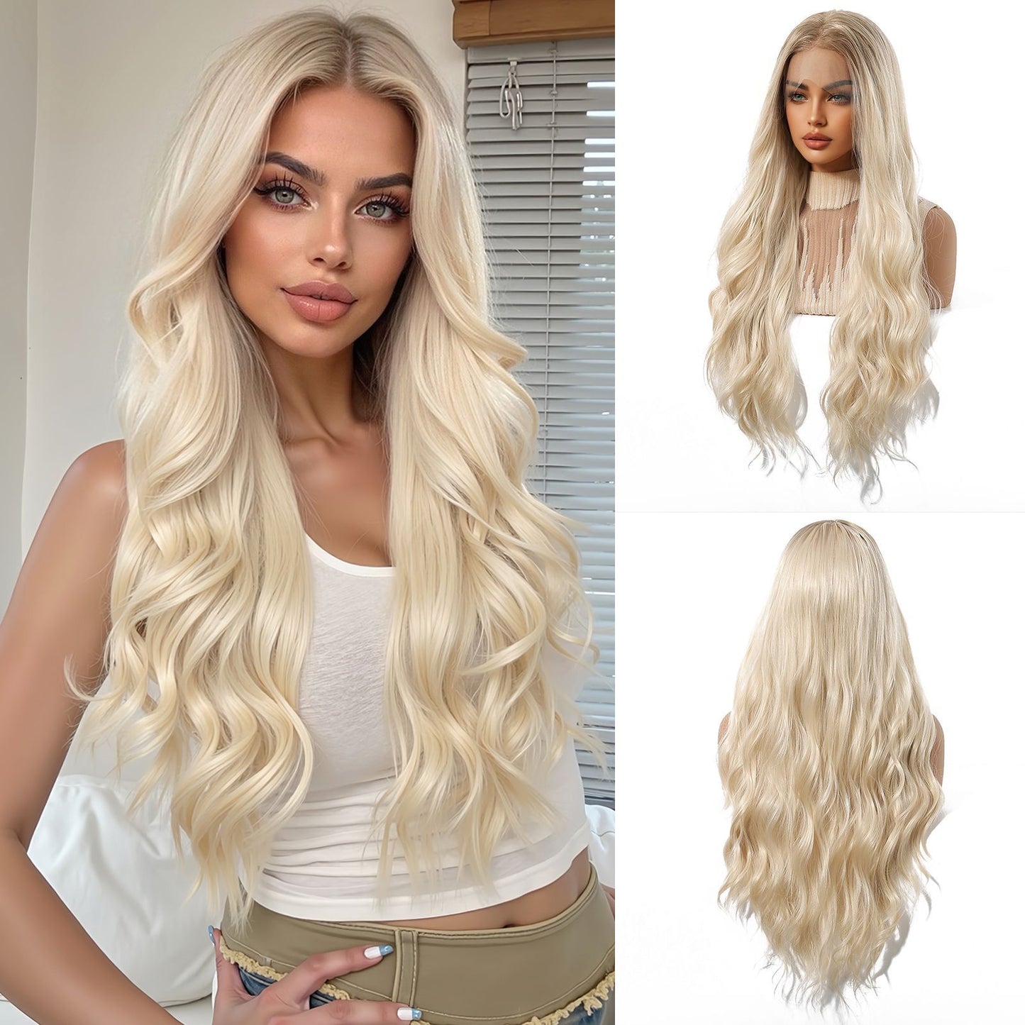 HENRY MARGU Peruca Frontal Lisa Ondulada Marrom Mista Longa Peruca Sintética Natural Ondulada 13x4 Frontal de Renda Cabelo Falso para Mulheres Raiz Escura