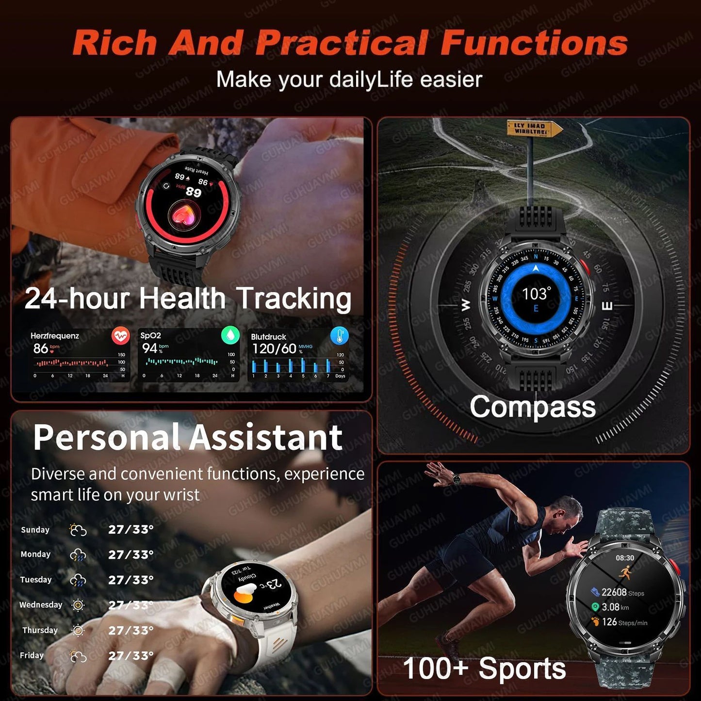 Smartwatch Masculino Externo Ultra Durável Bateria 1100mAh Relógio de Saúde Bússola Assistente de Voz Chamada À Prova D'água Esporte Smart Watch Masculino