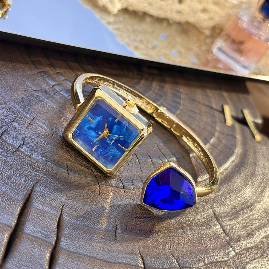 New Ladies Open Bracelet Watch Assorted Shaped Diamond Color Gemstone High-End Quartz Wristwatch Lazy Person's Stylish Timepiece