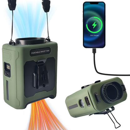 10000mAh Waist Fan Portable Handheld Hanging Neck Fan Ultra-Strong Wind with Phone Charging LED Light for Outdoor Working
