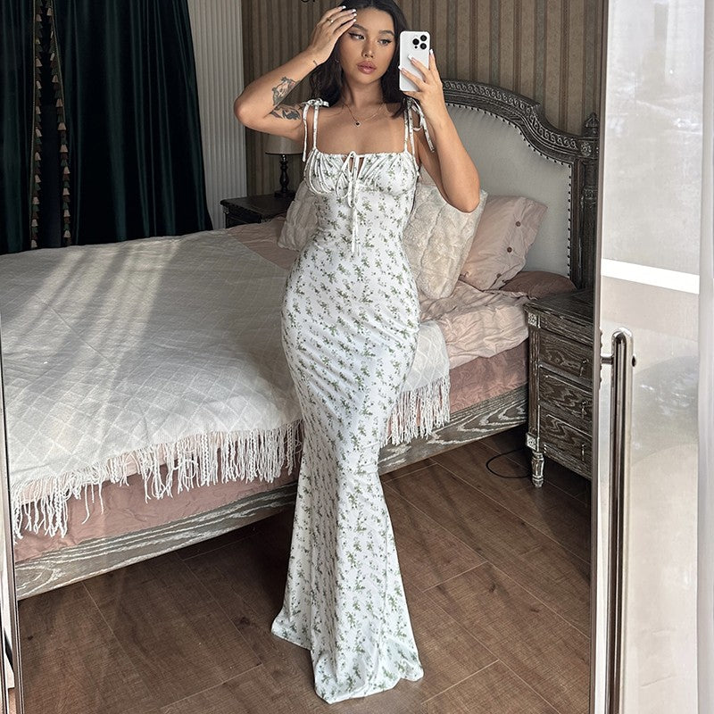 Hugcitar Floral Print Sleeveless Backless Slips Lace Up Maxi Dress Sexy Bodycon