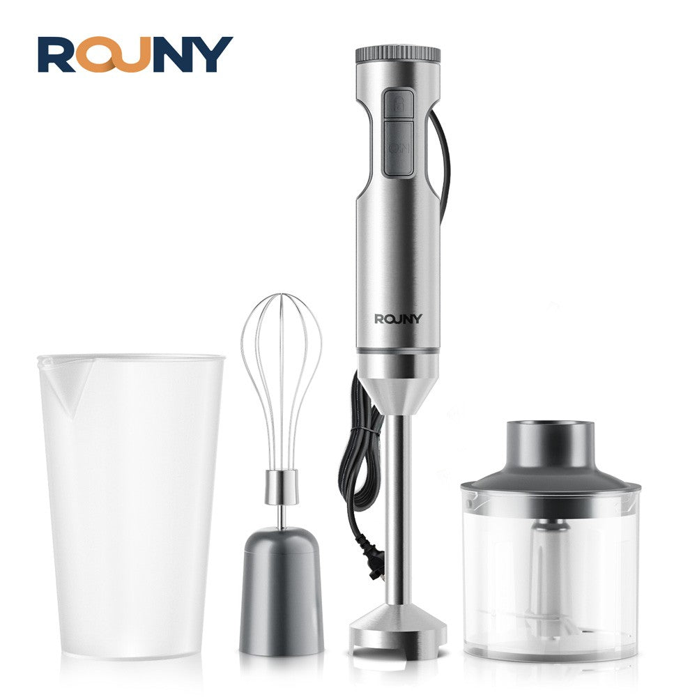 Liquidificador de Imersão Manual 4 em 1 ROUNY 1000W Potente, Mixer de Alimentos em Aço Inox, Copo Medidor de 700ml, Processador de 500ml, Batedor de Claras