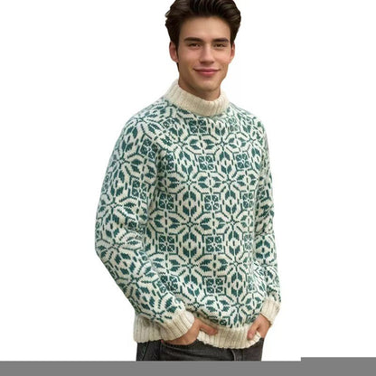 New Style Simple Retro Fresh Jacquard Sweater Loose Street Pullover Contrast Color Long Sleeve Knitted