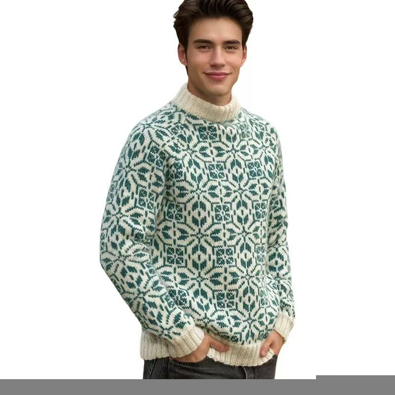 New Style Simple Retro Fresh Jacquard Sweater Loose Street Pullover Contrast Color Long Sleeve Knitted