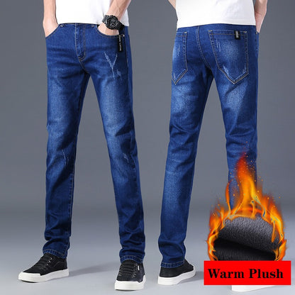 Men Winter Thermal Jeans Snow Warm Stretch Straight Jeans Man Fleece Denim Long Pants Cool Narrow Leg Slim Fit Blue Trousers