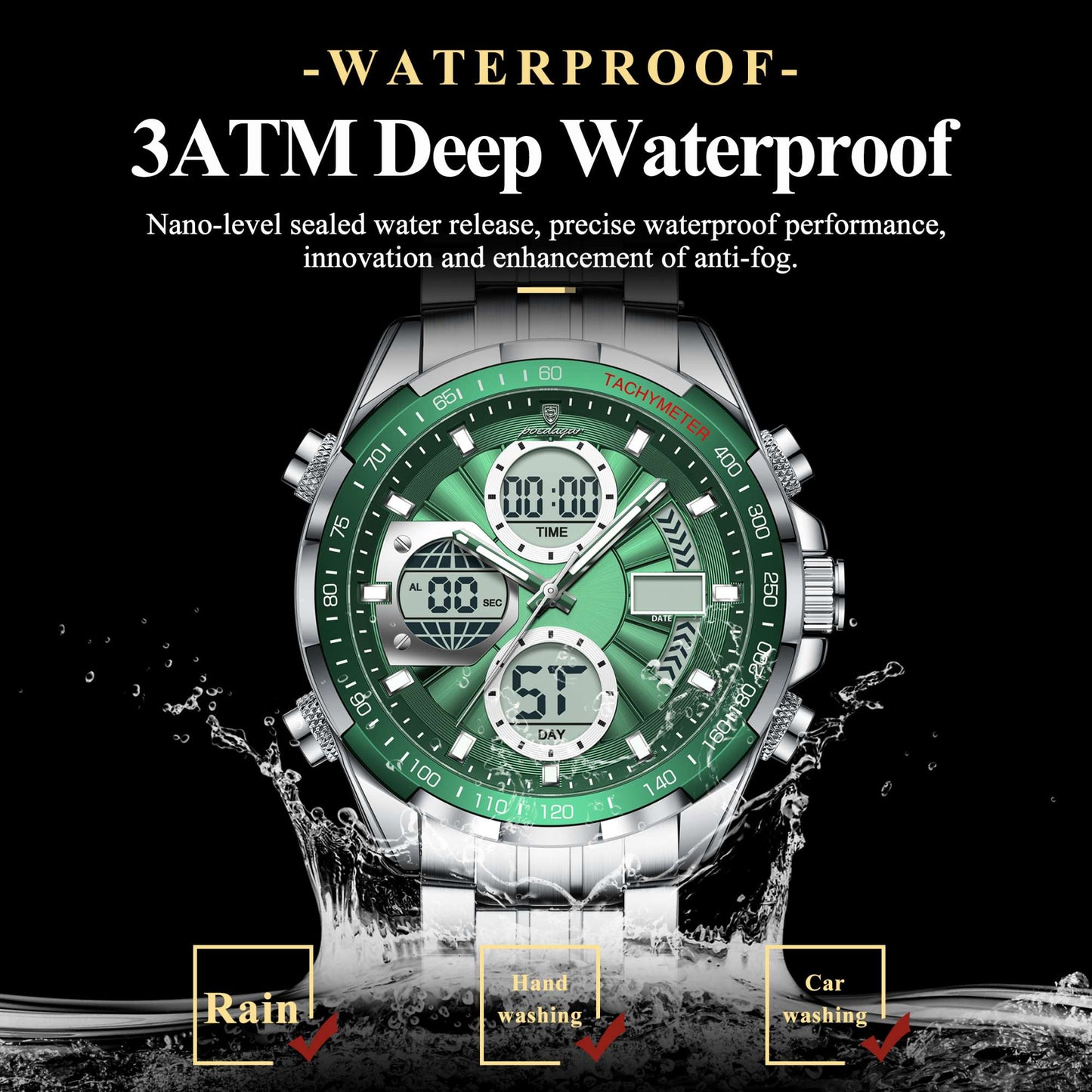 POEDAGAR Top Man Clock Waterproof Electronic LED Luxury Men's Watches Dual Time Display Digital Stainless Steel Men Quartz Watch