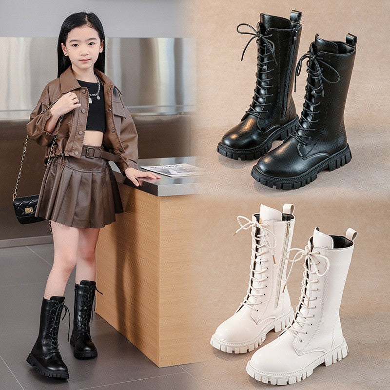 2025 Autumn/Winter  Fashion Cool Baby Girls Warm Square Heel Round Toe Casual Lace-Up Comfortable Kids Black Mid Boots
