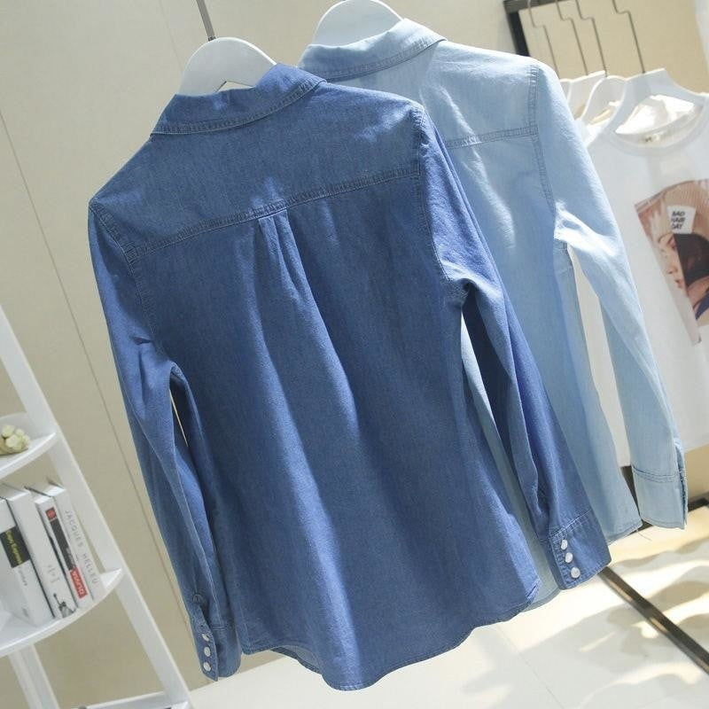 Women Blouse Denim Long Sleeve Spring Clothes Blue Lapel Shirt Blusas Mujer De Moda