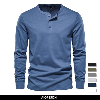 AIOPESON Henley Collar T Shirt Men Casual Solid Color Long Sleeve T Shirt for Men Autumn High Quality 100% Cotton Mens T Shirts