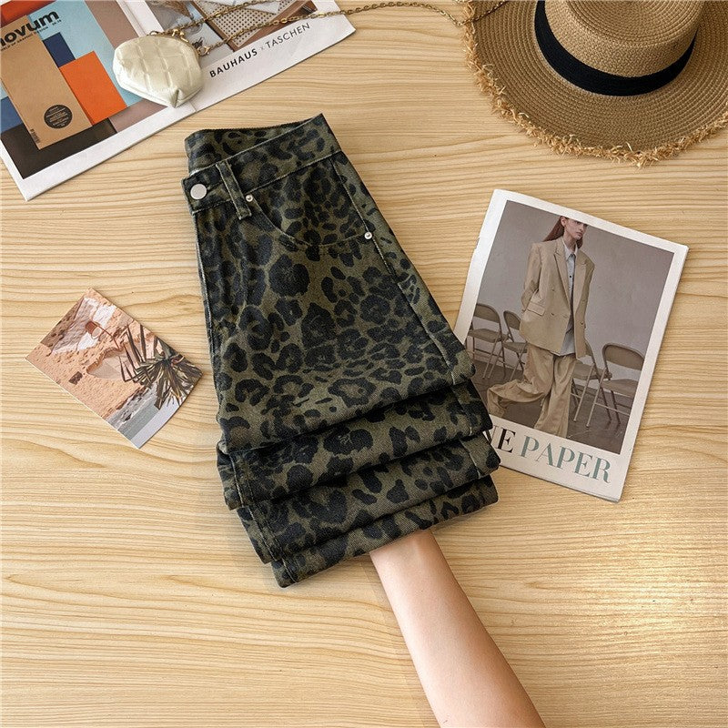 Casual Loose Womens Jeans Retro American Style Leopard Print Design Straight Leg Pants Workwear Fashion Winter  Women's pants