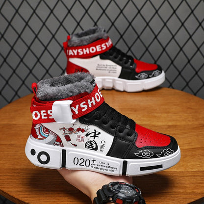 Mens Board Shoes 2025 Winter New High Top Winter Warm Casual Sports Shoes Flat Cotton Comfortable Outdoor Walking Shoes for Men